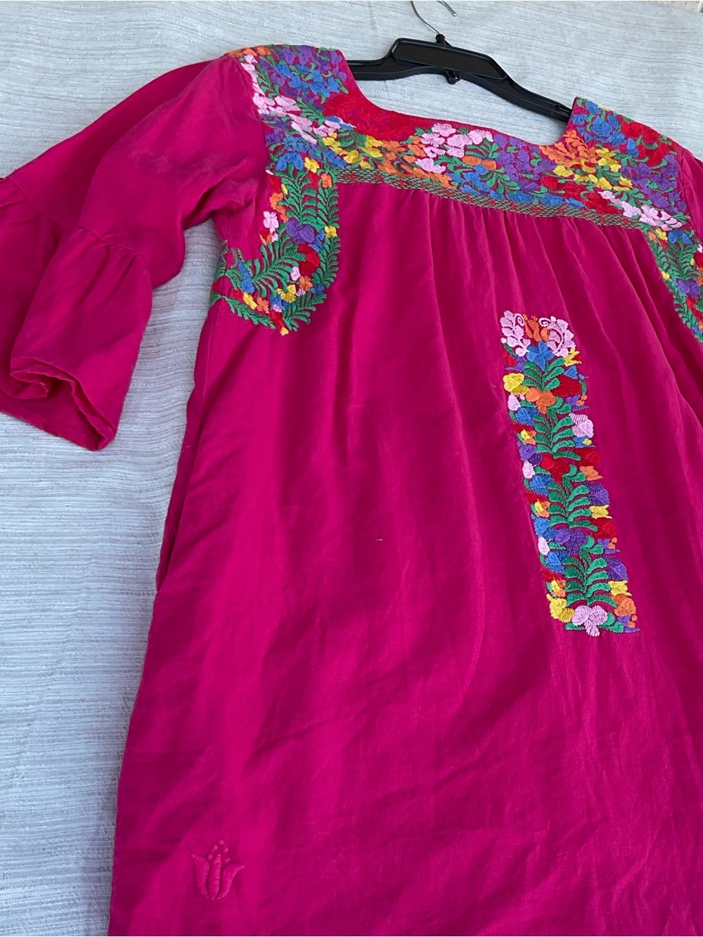 Small Linen‎ blend embroidered hot pink fuchsia dress with pockets boho resort